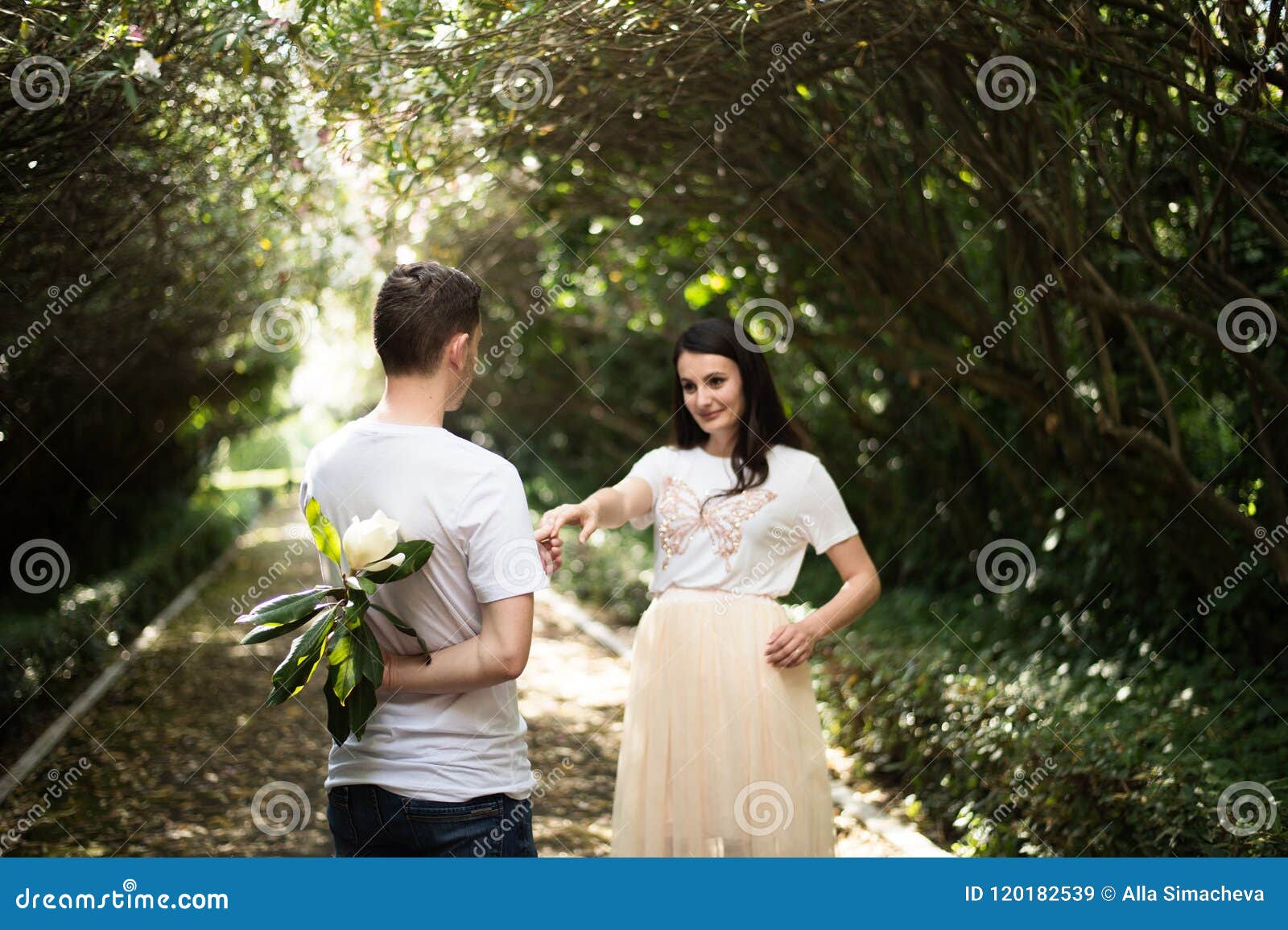 Couple In Love Beginning Of A Love Story A Man And A Girl Romantic Date In A Park Stock Image