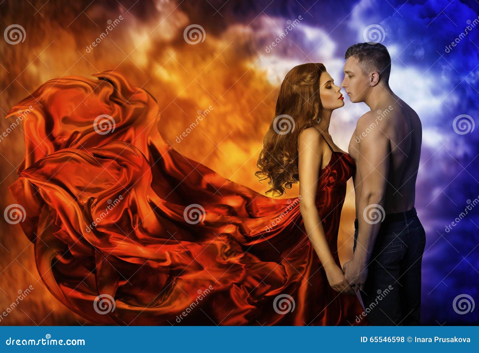 couple in love, hot fire woman cold man, romantic kiss