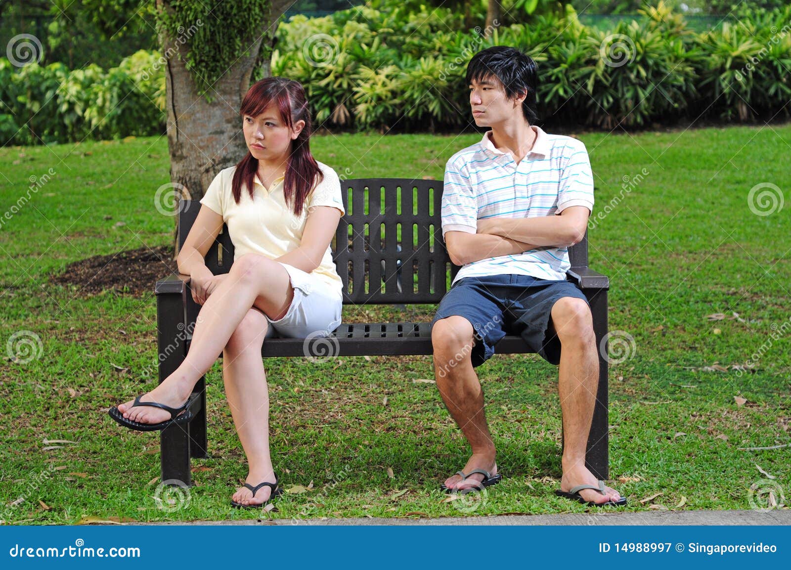 Beautiful Young Couple Sitting Bench Park Stock Photo by ©kravik93 359841358