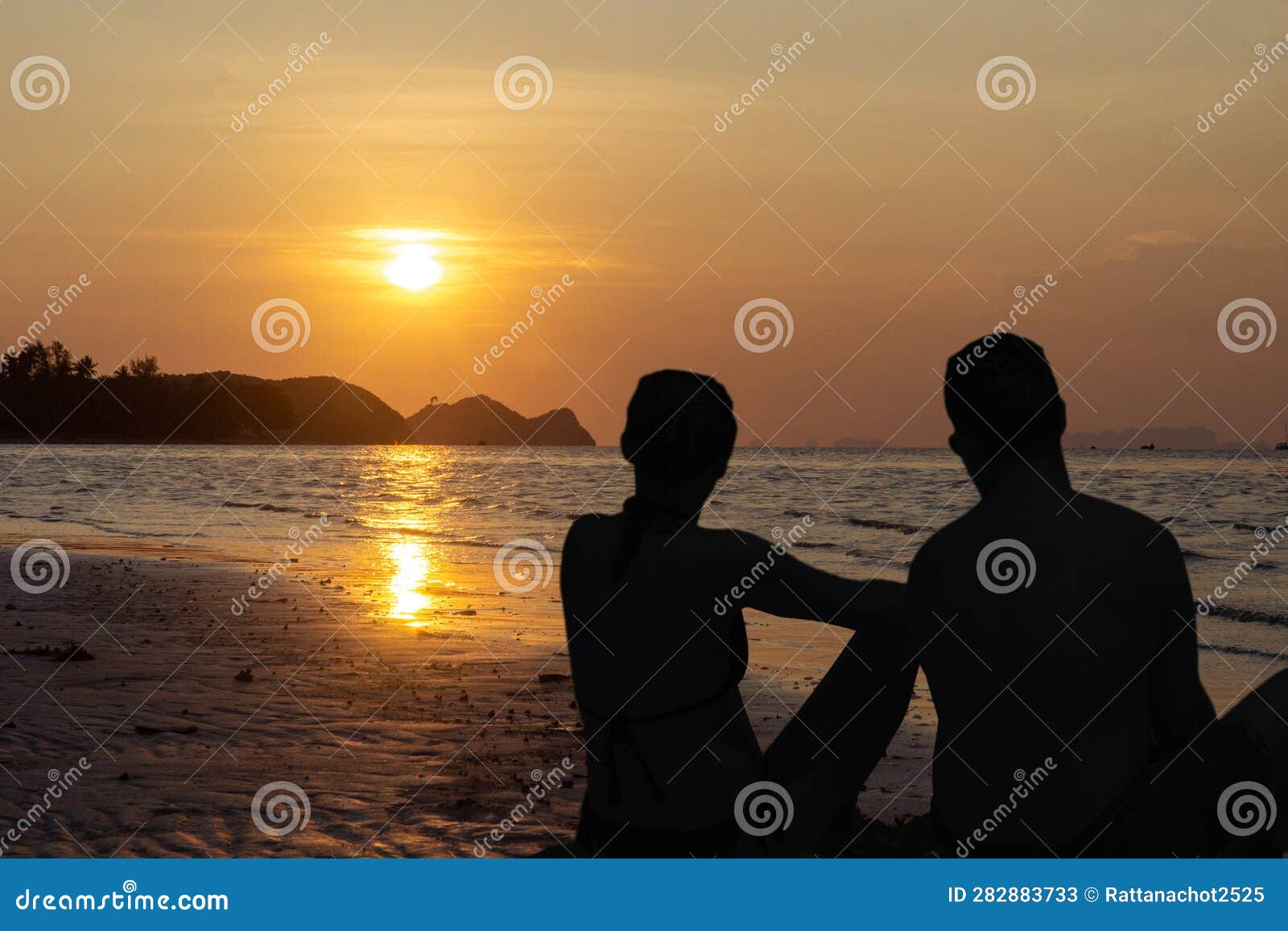 Couple In Love Watching The Sunset Together On Beach Travel Summer Holidays People Silhouette