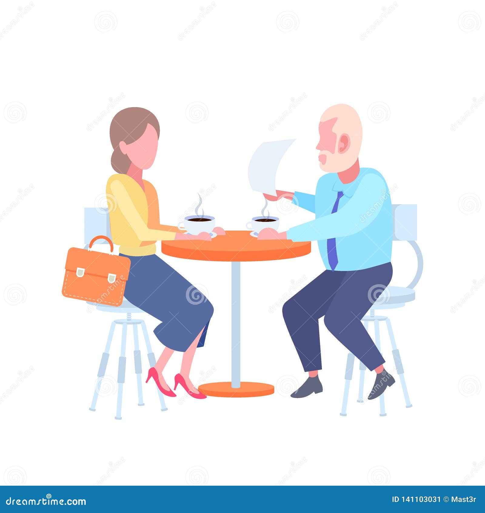 Couple Man Woman Sitting Cafe Table Businesspeople Reading Contract ...