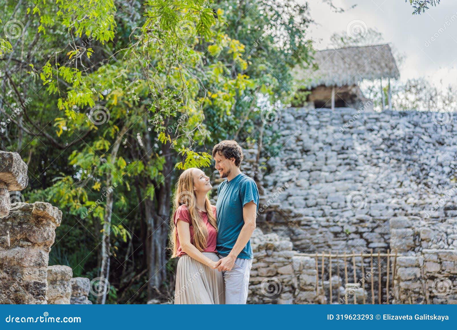Couple, Man and Woman Tourists at Coba, Mexico. Honeymoon Ancient Mayan ...