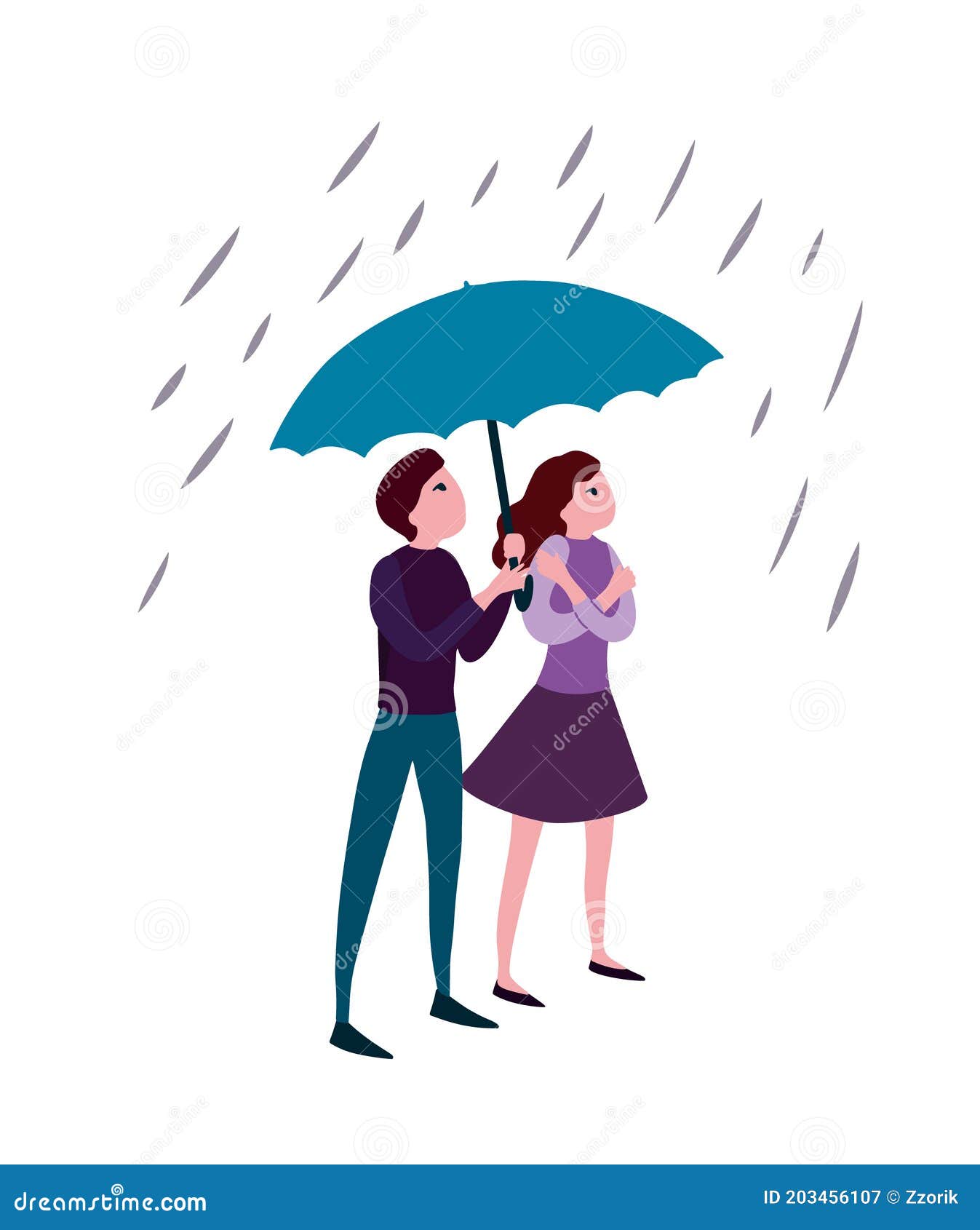 Couple of Man and Woman Under Umbrella in Rain. Vector Flat, Cartoon People  Stock Vector - Illustration of couple, holding: 203456107