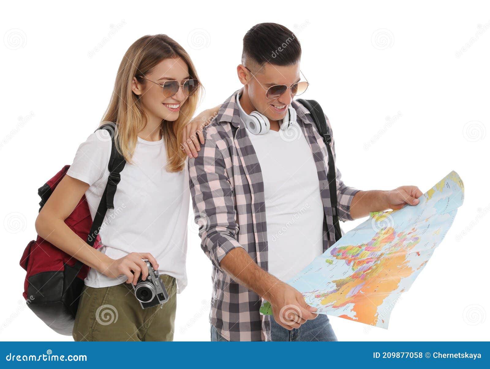 Couple with Map on White Background. Summer Travel Stock Photo - Image