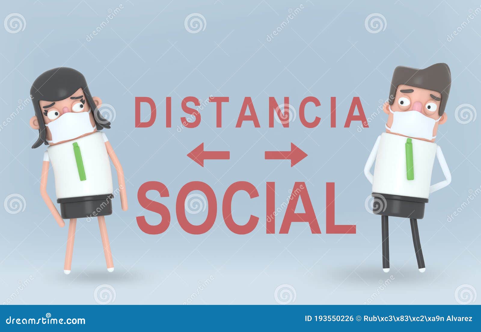 couple with a mask separated by big caution spanish text distancia social. 3d .