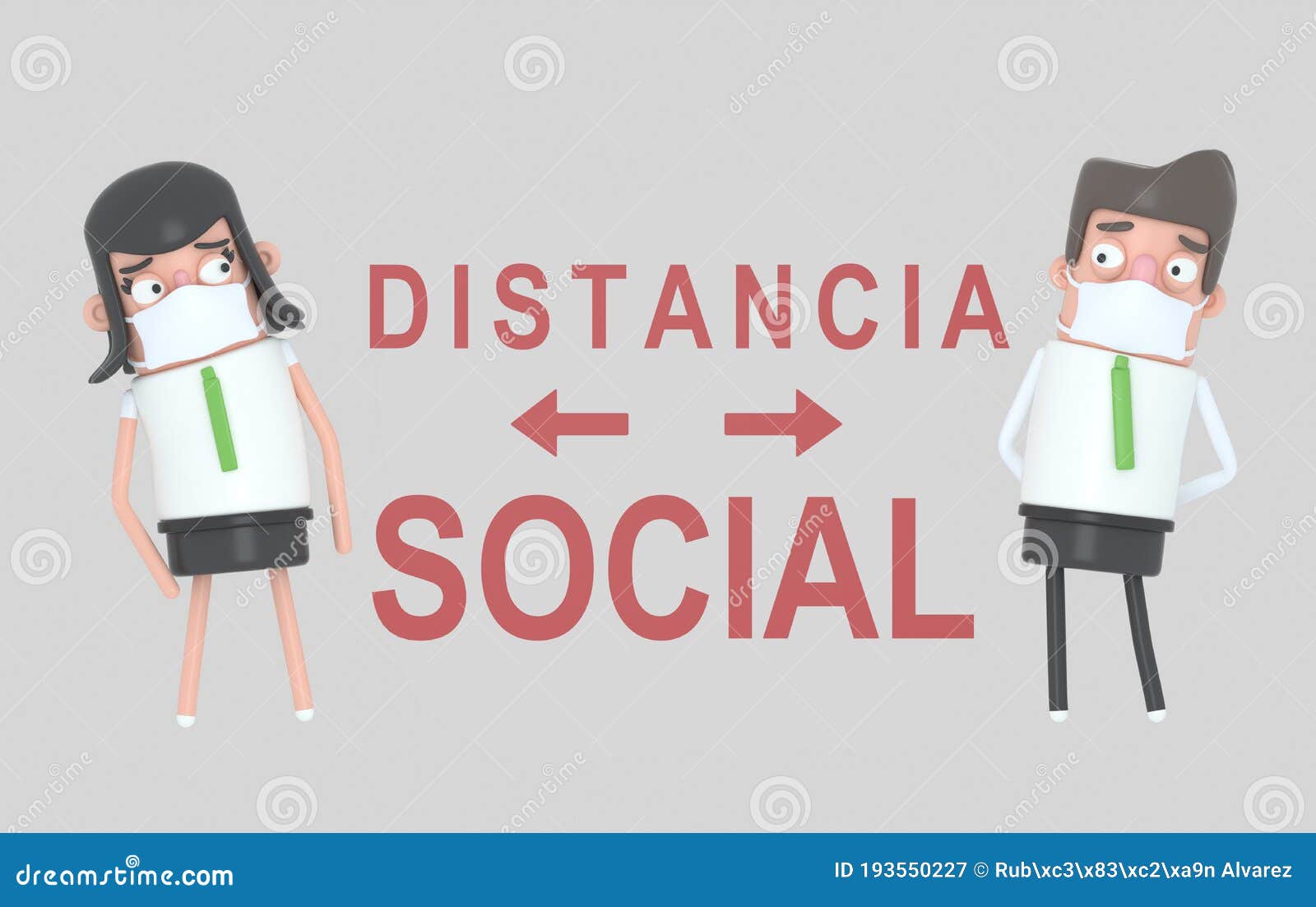 couple with a mask separated by big caution spanish text distancia social. 3d . .