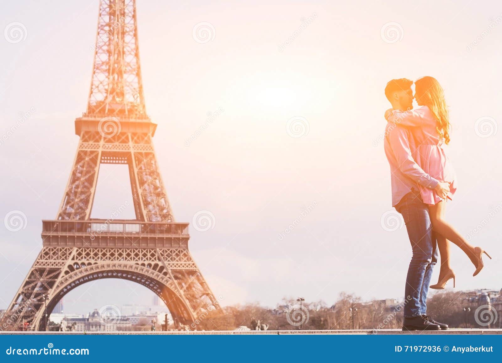 Couple Near Eiffel Tower, Love, Honeymoon in Paris Stock Photo - Image