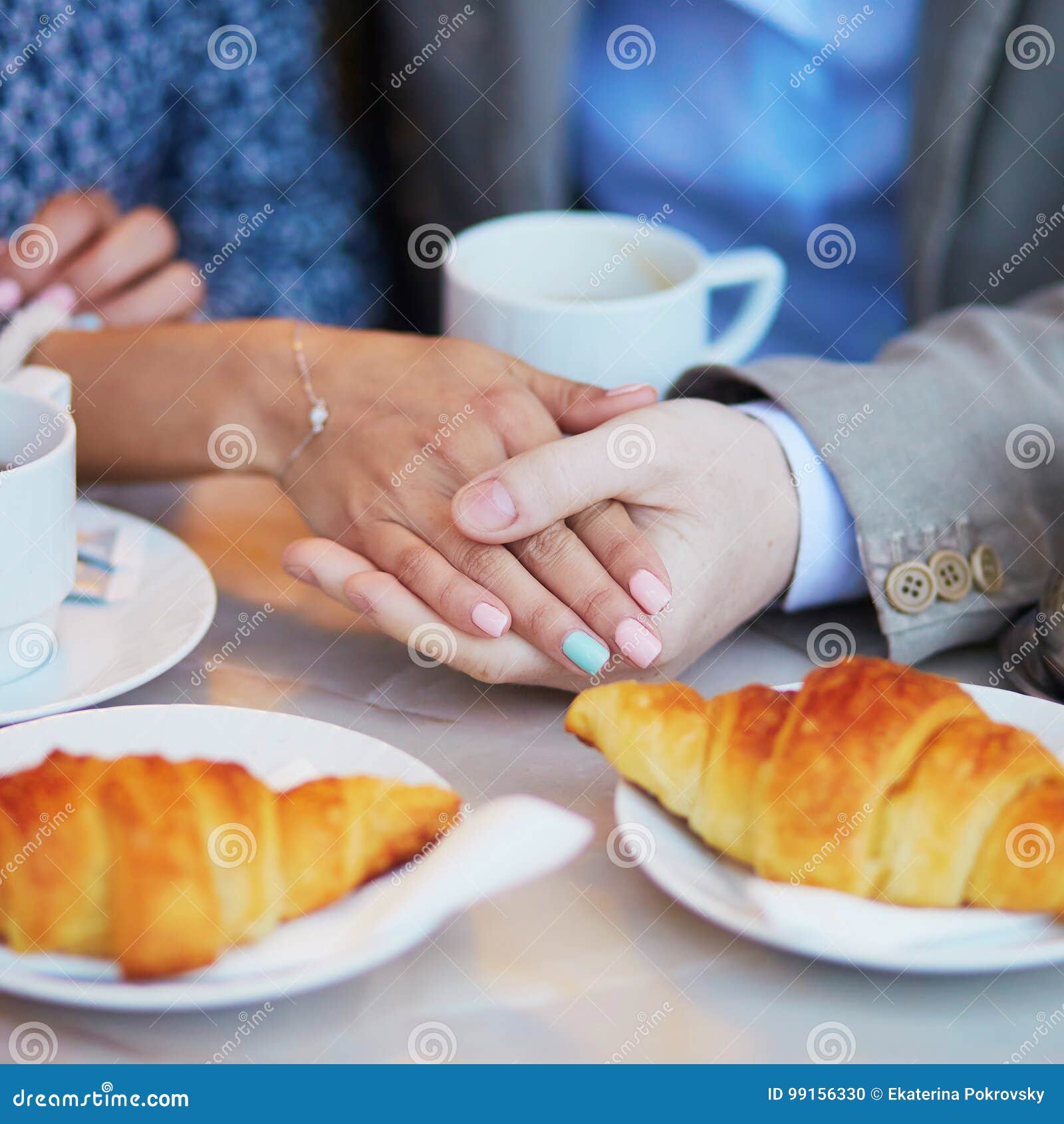 Croissants And Coffee French Breakfast In Cafe For Couple Stock