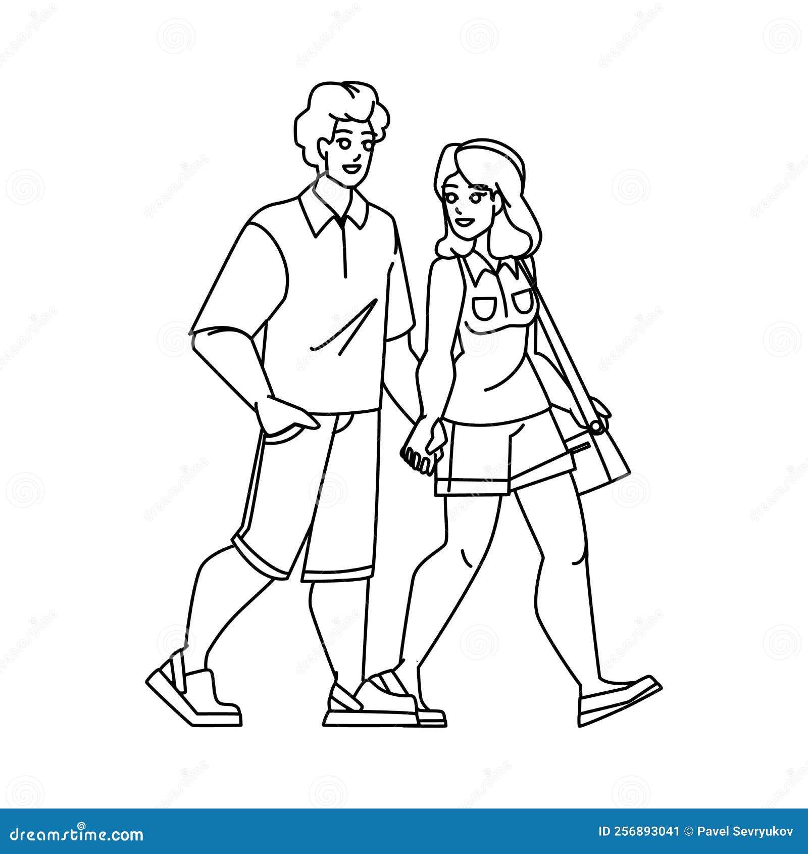 Couple Relax Line Pencil Drawing Vector Man Woman Happy Together