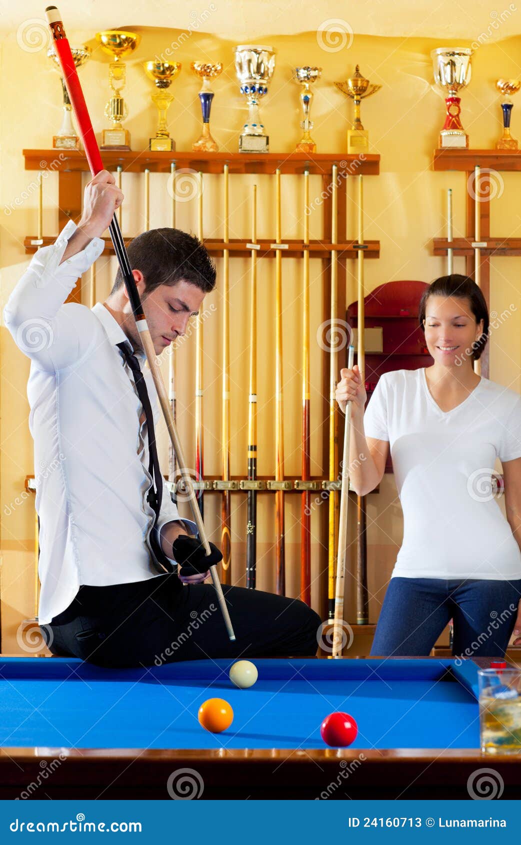 Couple Playing Billiard Expertise Teacher Stock Image Image of pool