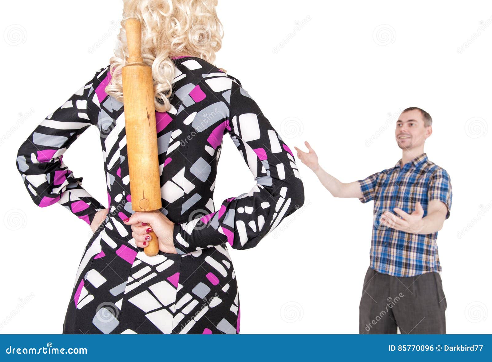 couple problem. stereotypical wife with rolling pin and her husband