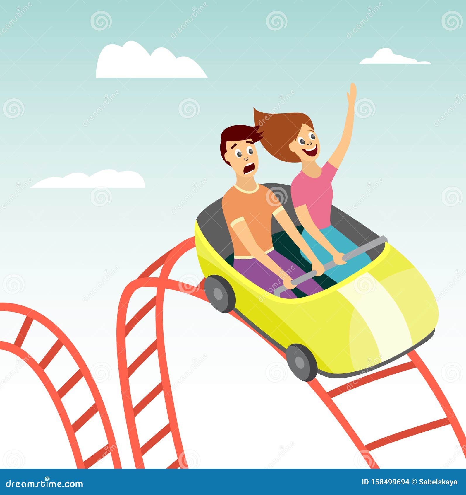 Couple On Rollercoaster Flat Vector Illustration On Amusement Park ...