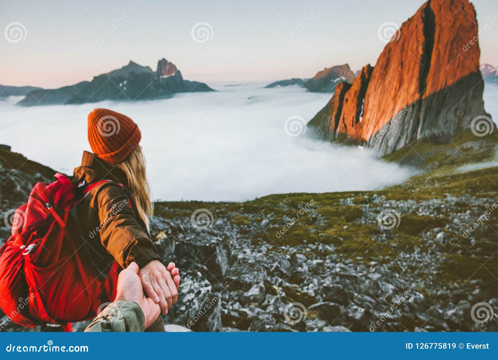 Couple Romantic Follow Hands Holding Hiking in Mountains Stock