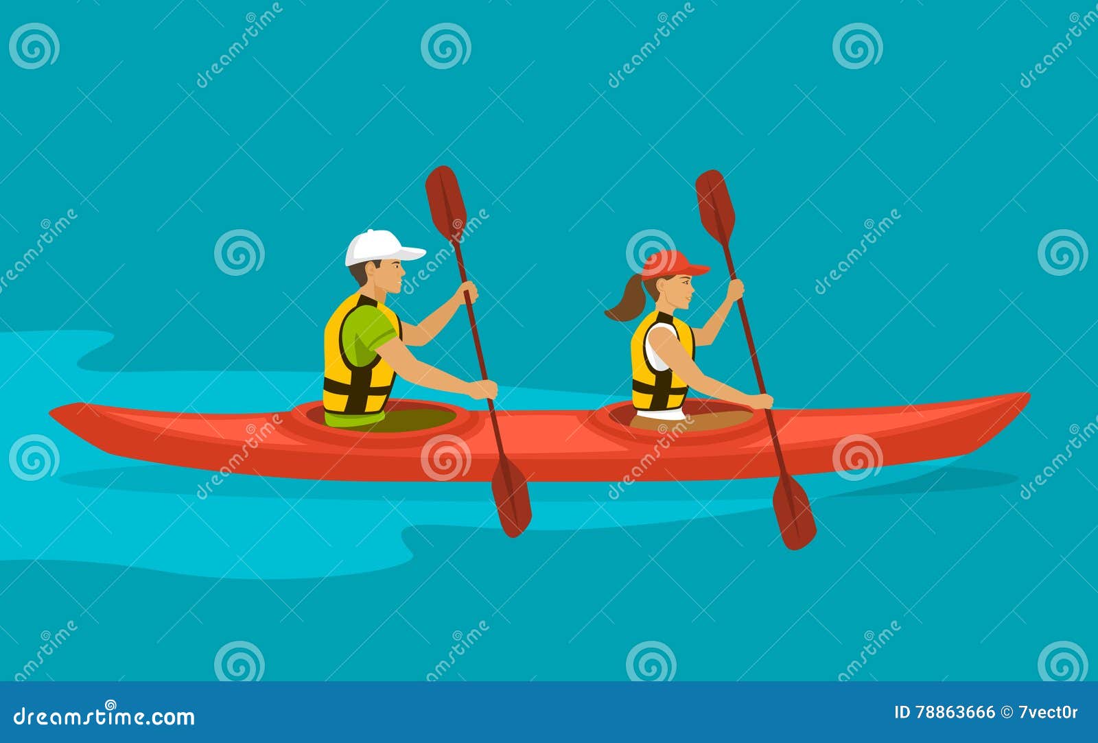 couple rowing paddling in double kayak