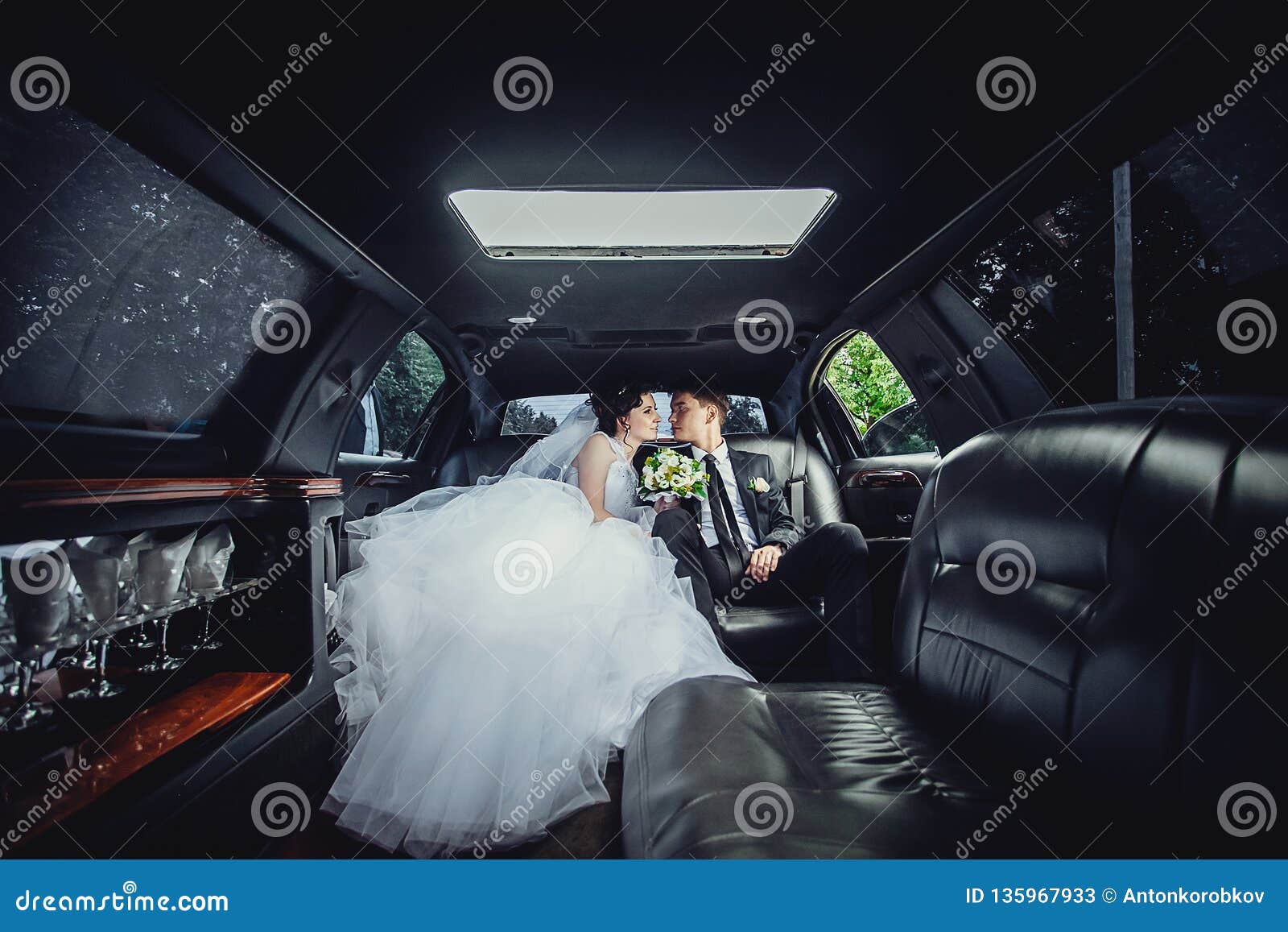 the couple sitting in the limo. portrait of a beautiful young couple who rides around the city