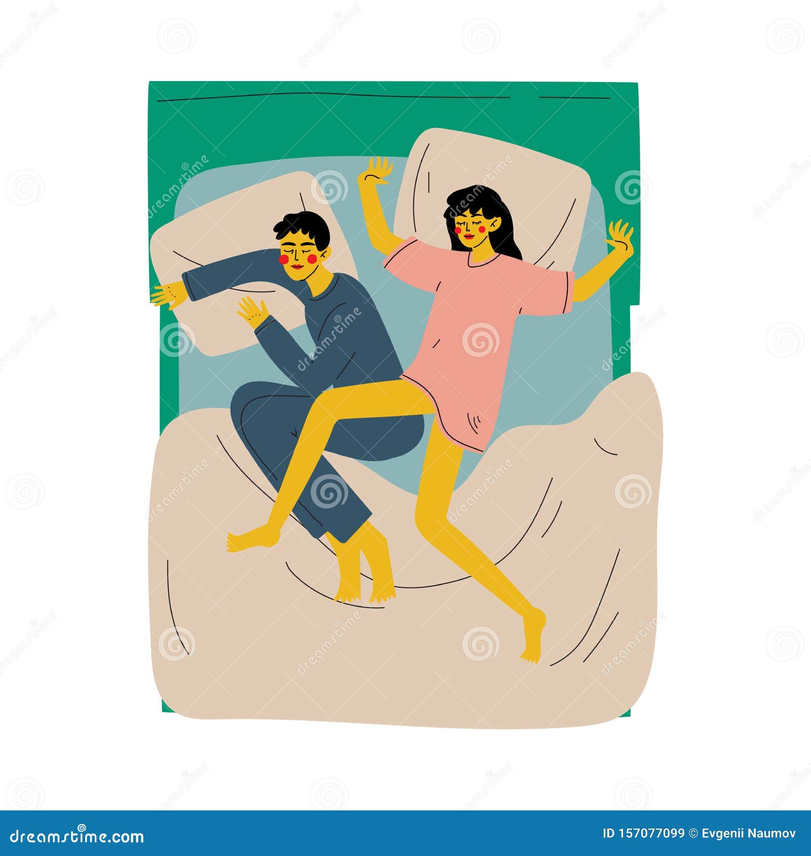 Couple Sleeping In Bed Husband And Wife Slumbering At Nigh View From Above Vector Illustration