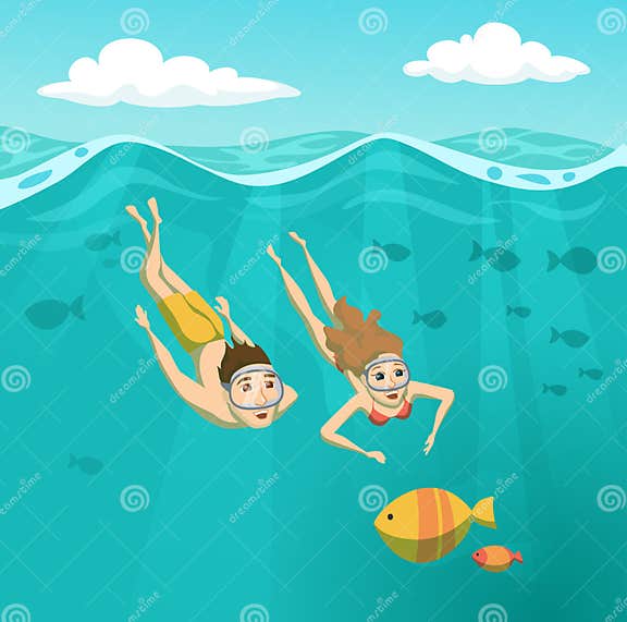 Couple swimming underwater stock vector. Illustration of family - 92286839