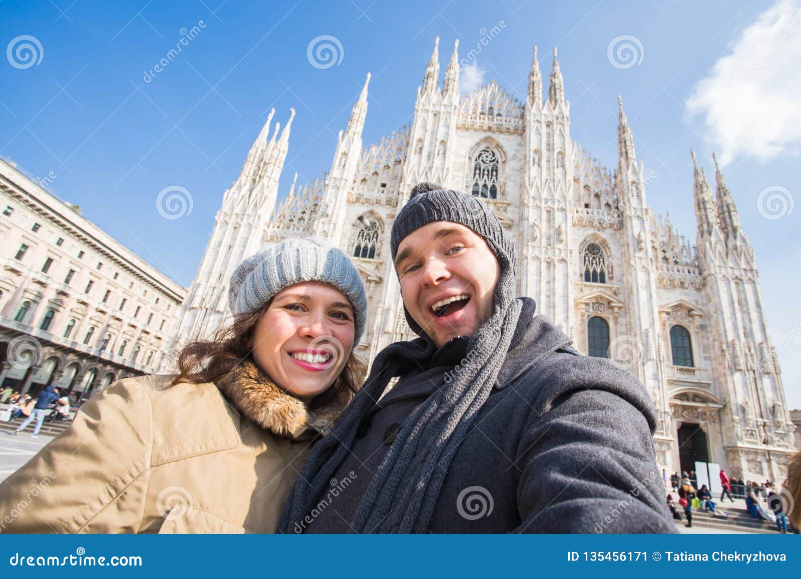 Couple Taking Self Portrait in Duomo Square in Milan. Winter Holidays ...