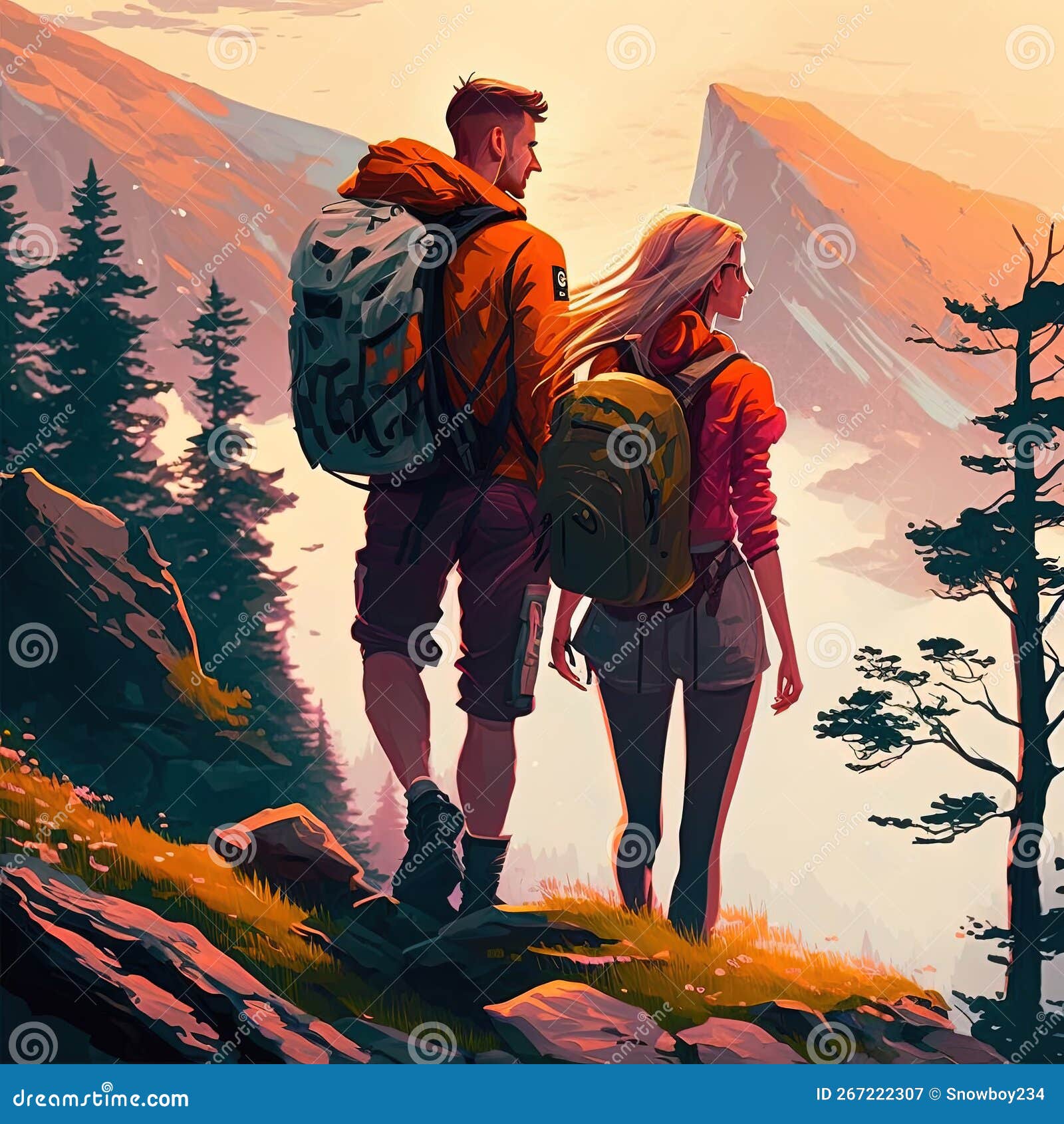 Couple of Tourists in the Mountains. Beautiful Outdoor Landscape