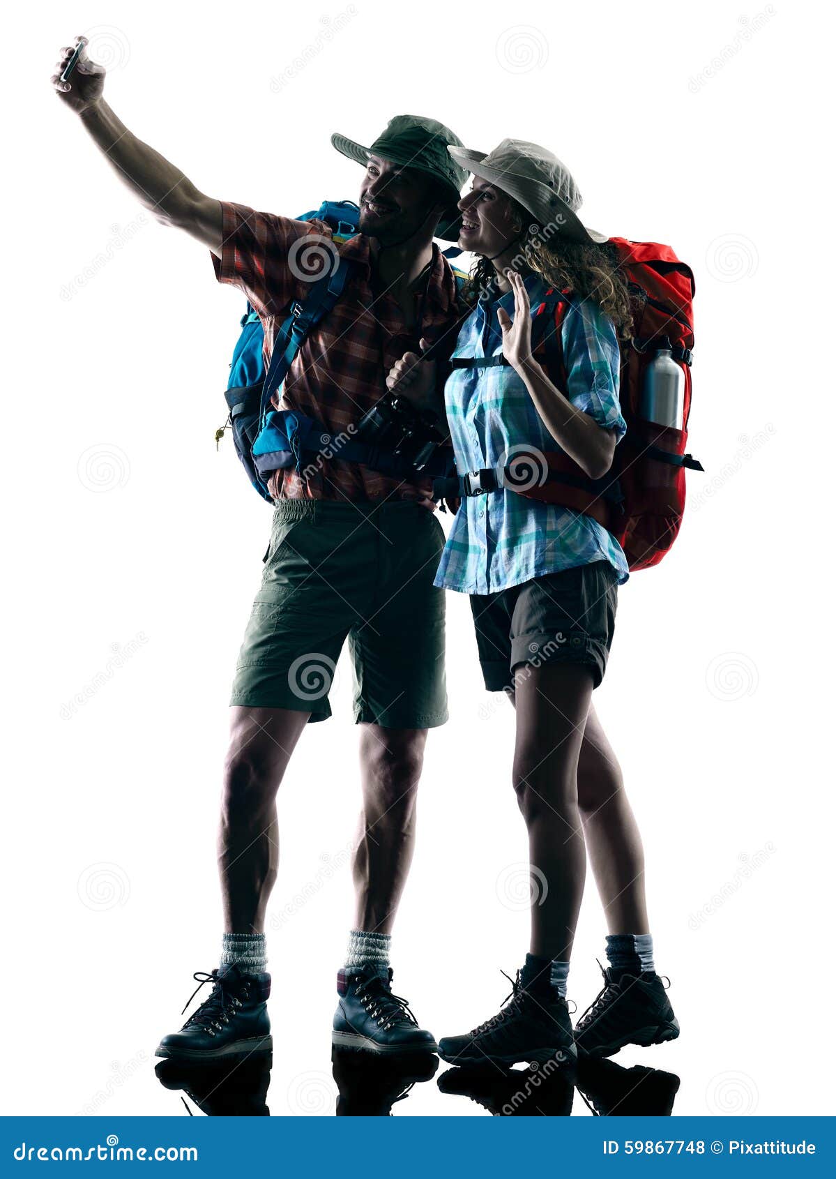 couple trekker trekking nature silhouette selfie