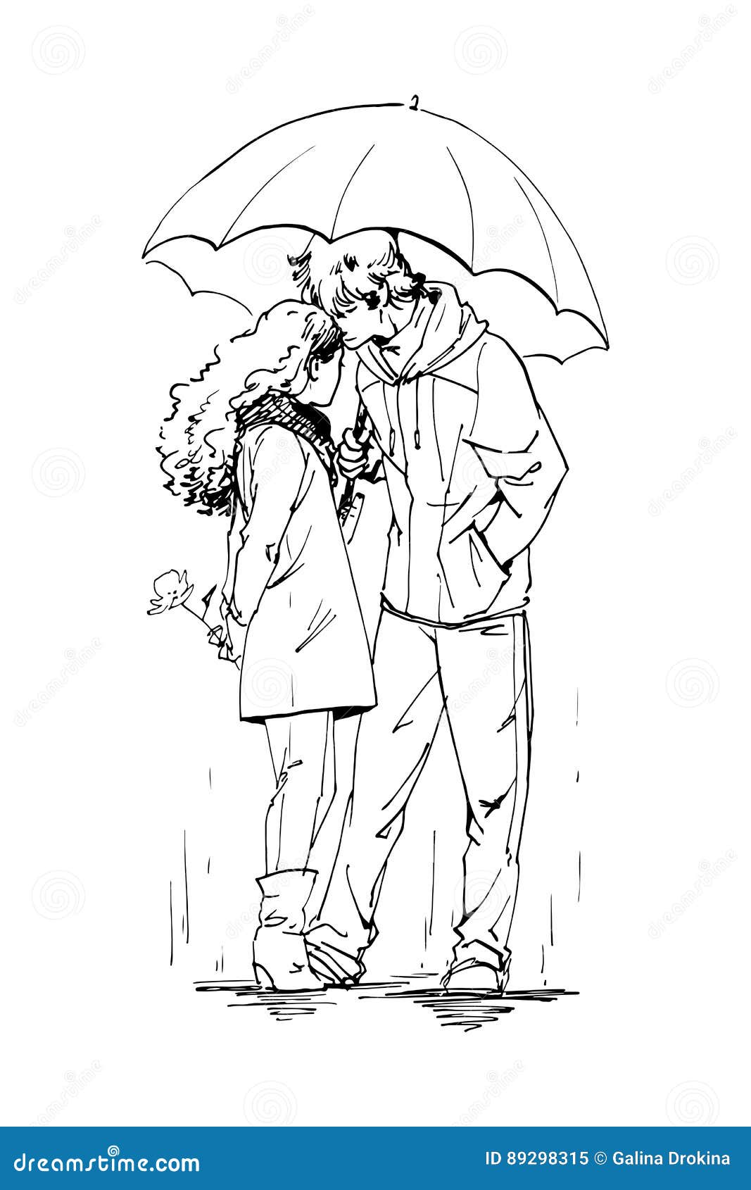 Couple Under Umbrella in Rain Sketch