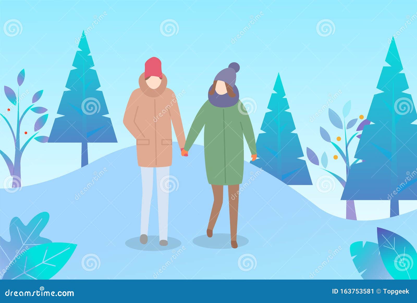 Couple Walk through Winter Park, Cold Weather Stock Vector ...