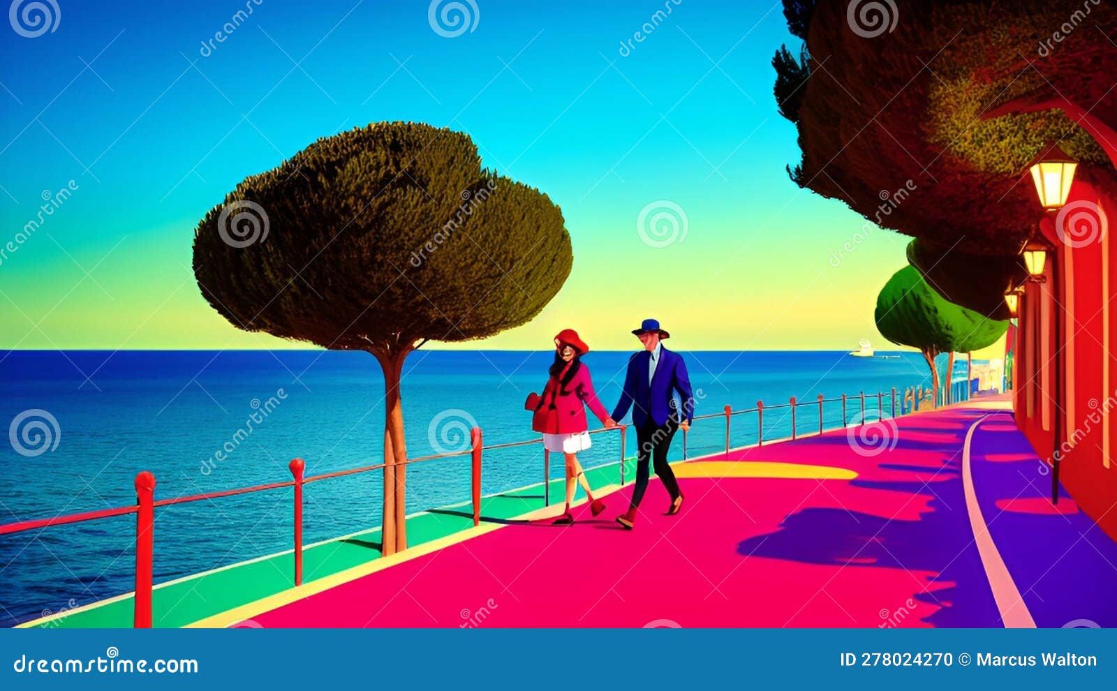 Couple Walking Beach Art Painting Background New 165 Stock Illustration