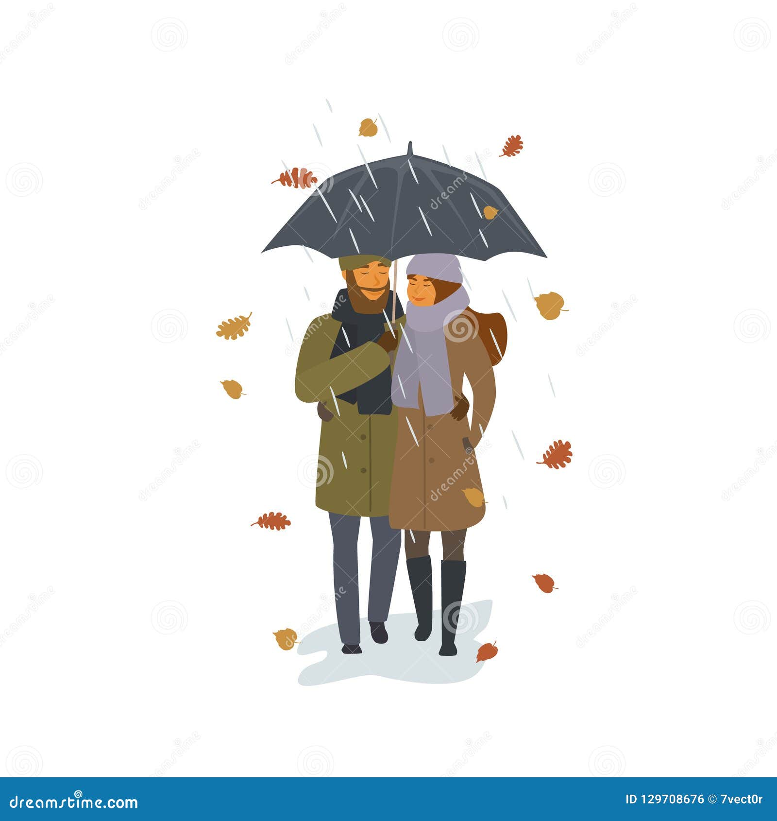 Couple Walking Together Under the Rain and Falling Autumn Leaves in the  Park Isolated Vector Illustration Stock Vector - Illustration of drawn,  front: 129708676