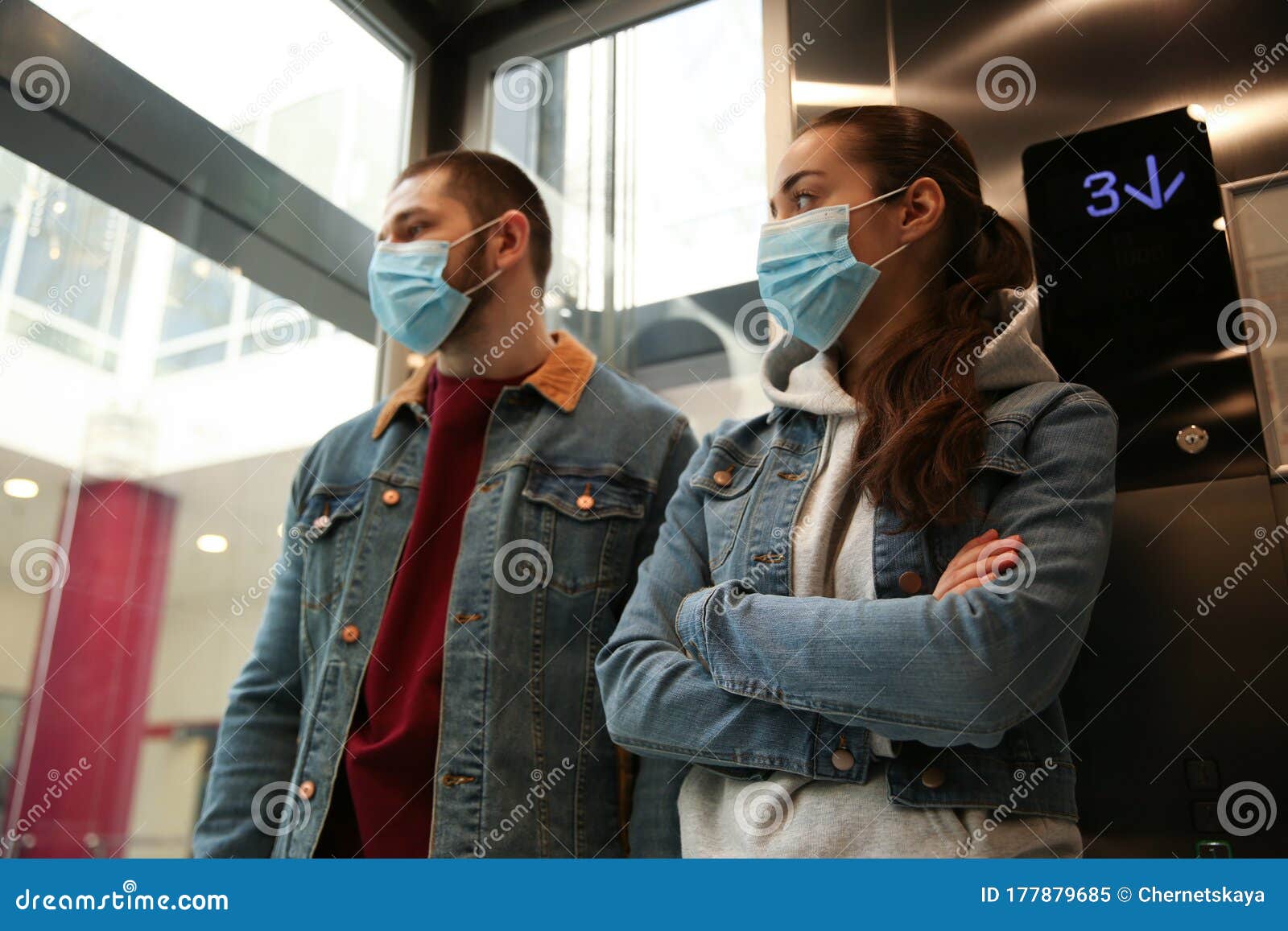 Couple Wearing Masks in Elevator. Dangerous Virus Stock Image - Image ...
