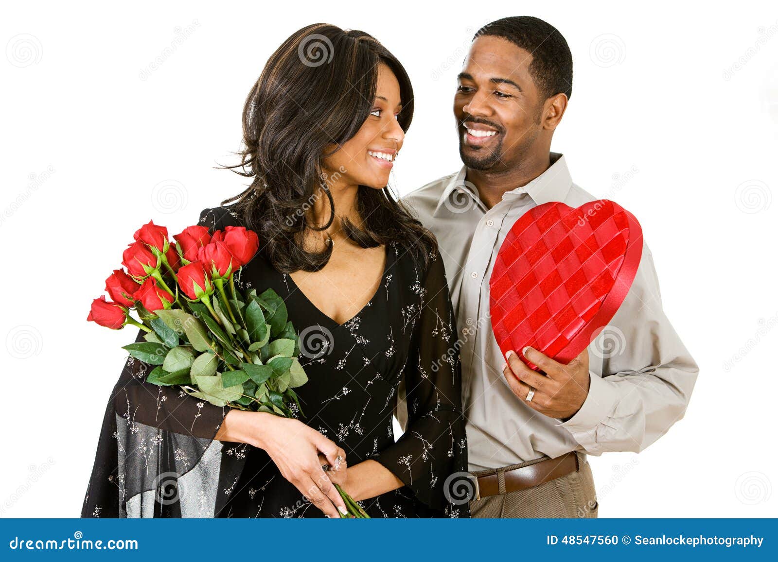 Vibrant Passionate African American Man and Woman with Roses