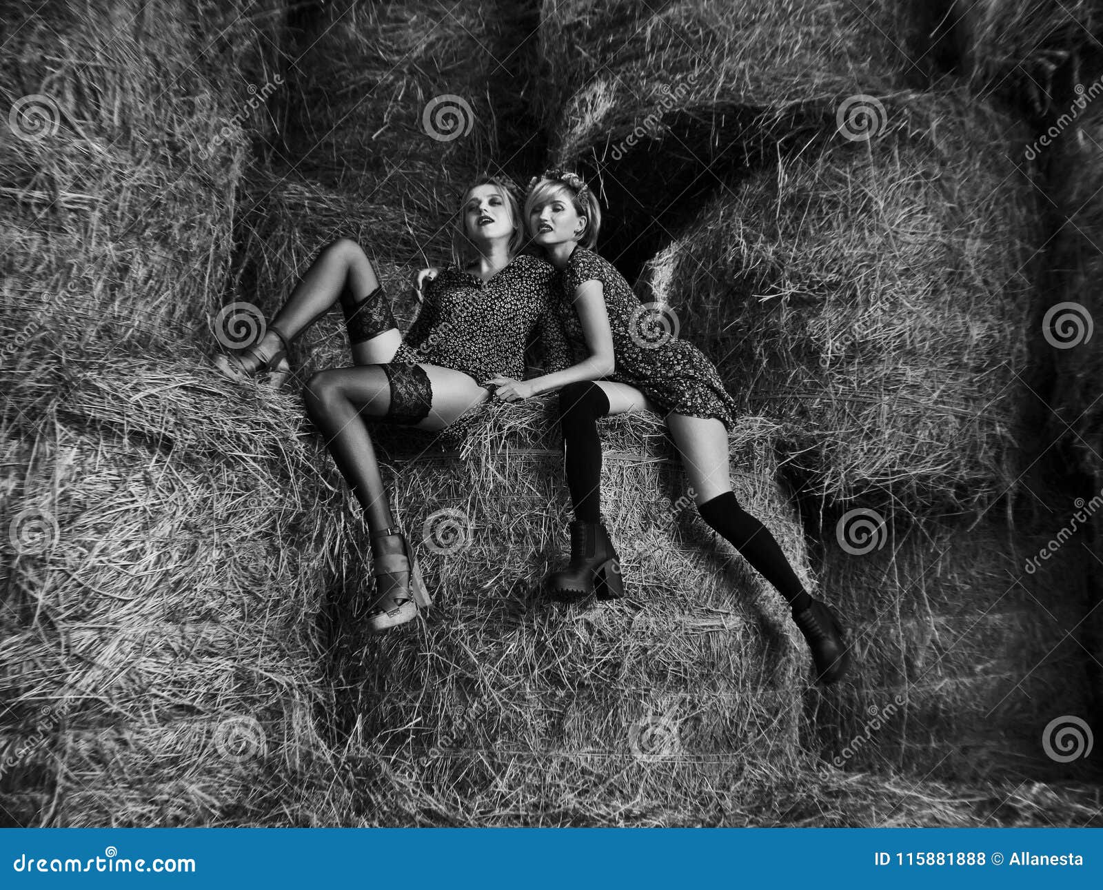 Couple of Young Lesbian Girls Laught in Light Dresses and Stockings Flirt,  Play in the Pasture in Hayloft in Summer Stock Photo - Image of bisexual,  passion: 115881888