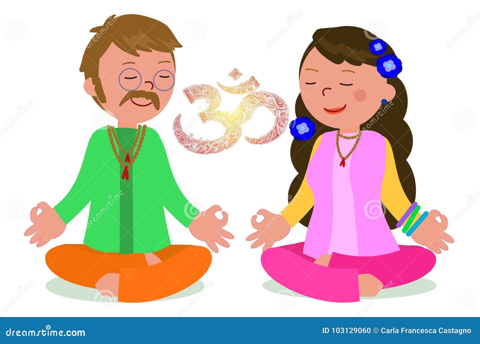 Couples hippies dans le vecteur de pose de zen. Les hippies équipent et femme dans la pose de méditation avec l'illustration de symbole d'OM