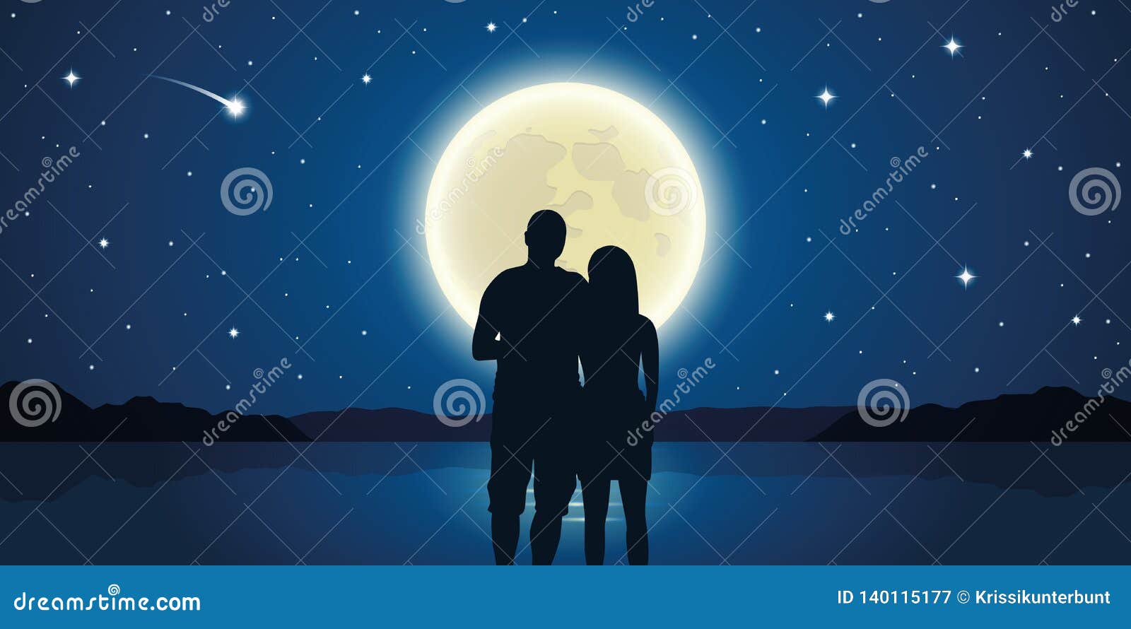 Couples Romantiques De Nuit Dans L Amour A La Mer Avec La Pleine Lune Et Les Etoiles Filantes Illustration De Vecteur Illustration Du Soiree Beau