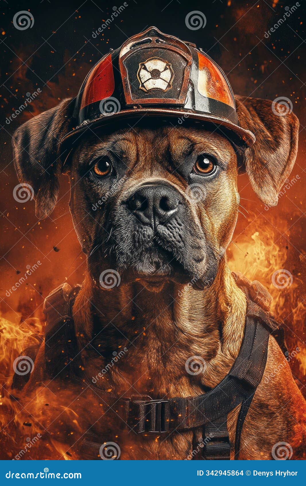 a courageous dog, outfitted in a firefighter's helmet and harness, looks directly at the viewer against a dramatic