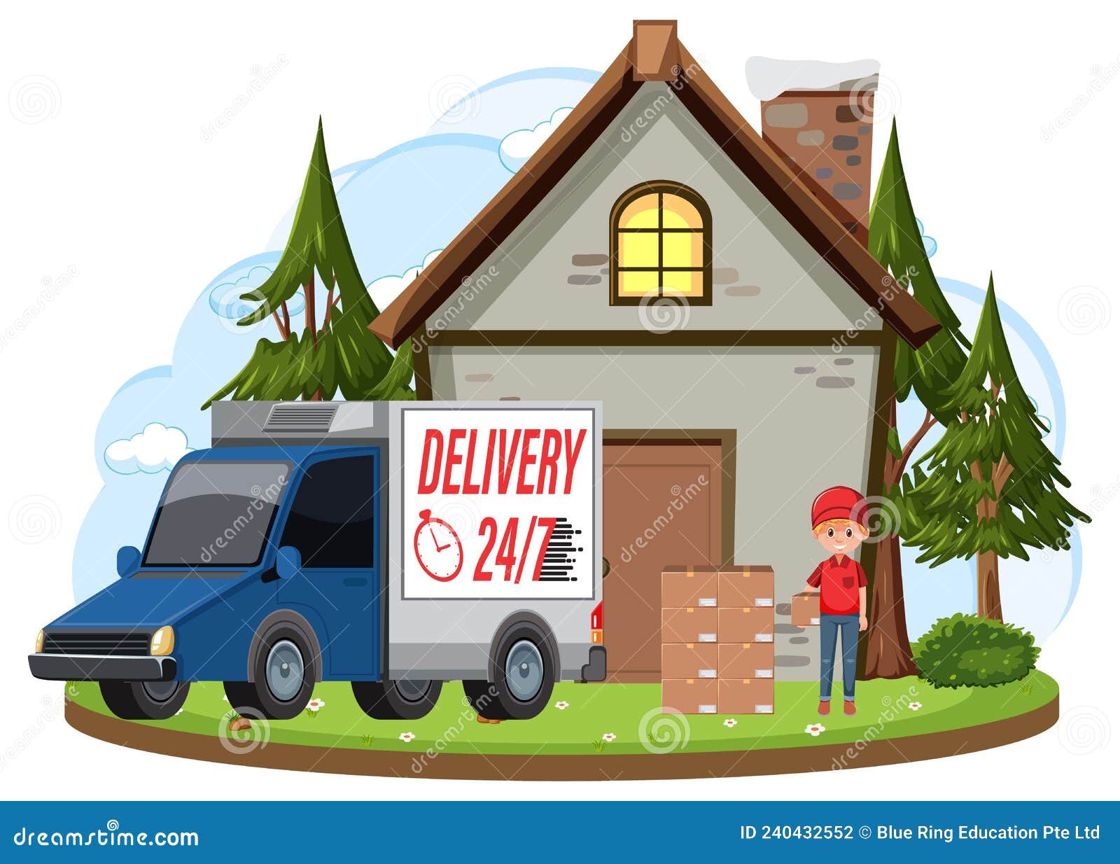 Courier Delivering Packages Standing In Front Of House Stock Vector