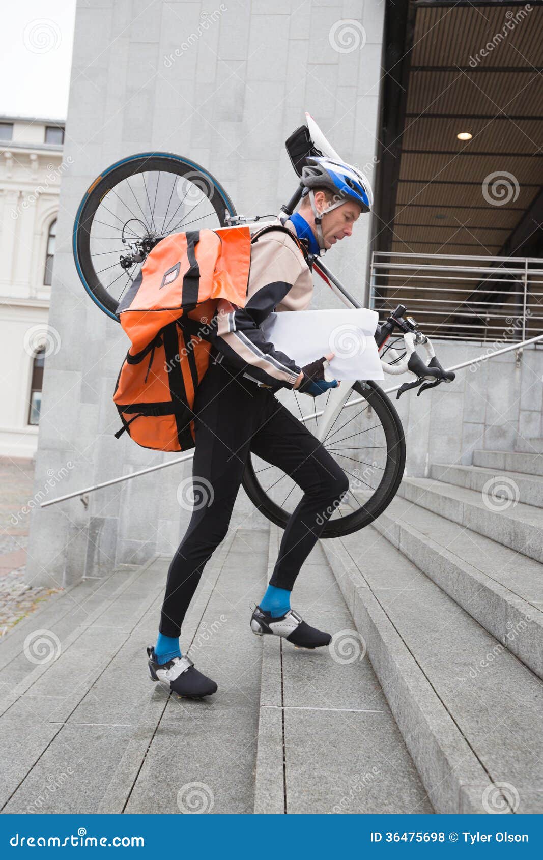 Courier Delivery Man with Bicycle and Backpack Stock Photo Image of