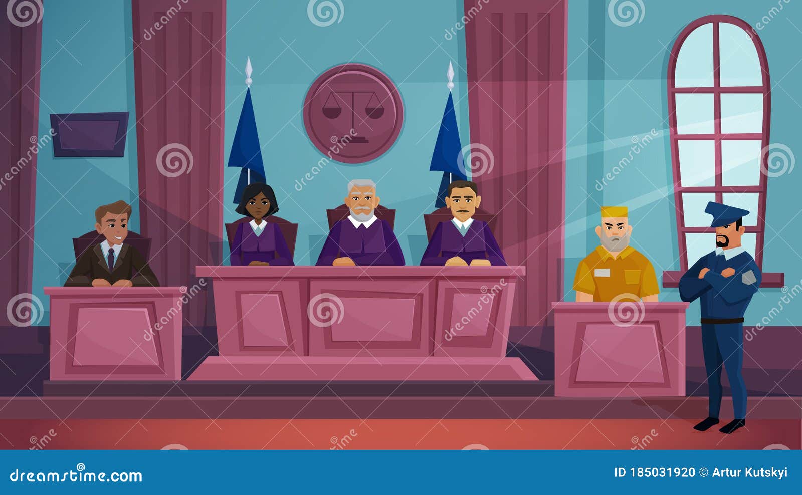 Court of Law Justice Vector Illustration, Cartoon Flat Courtroom Interior  with Judge, Lawyer Prosecutor and Criminal Stock Vector - Illustration of  people, characters: 185031920