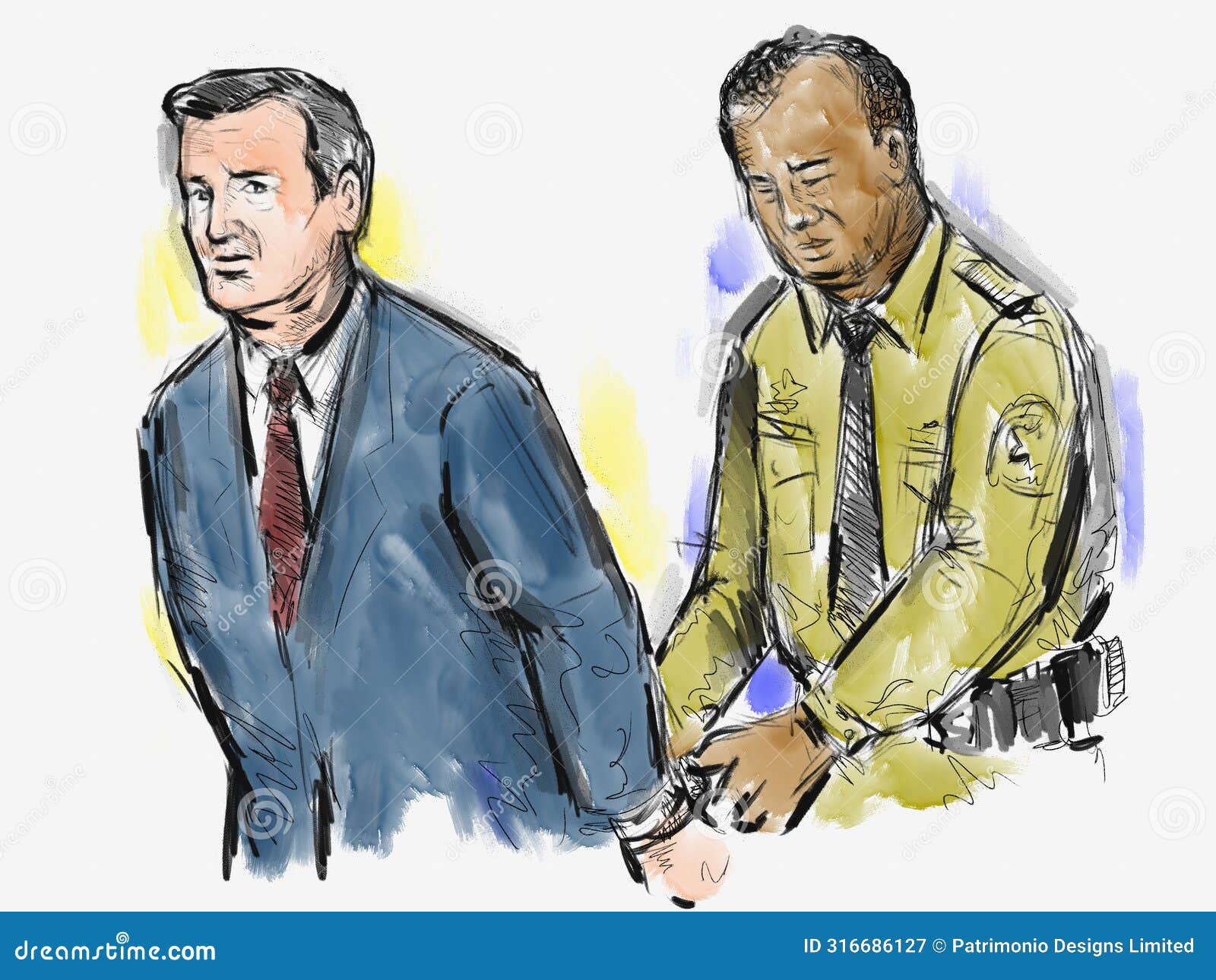 courtroom trial sketch of convicted defendant convict handcuffed by bailiff police officer drawing