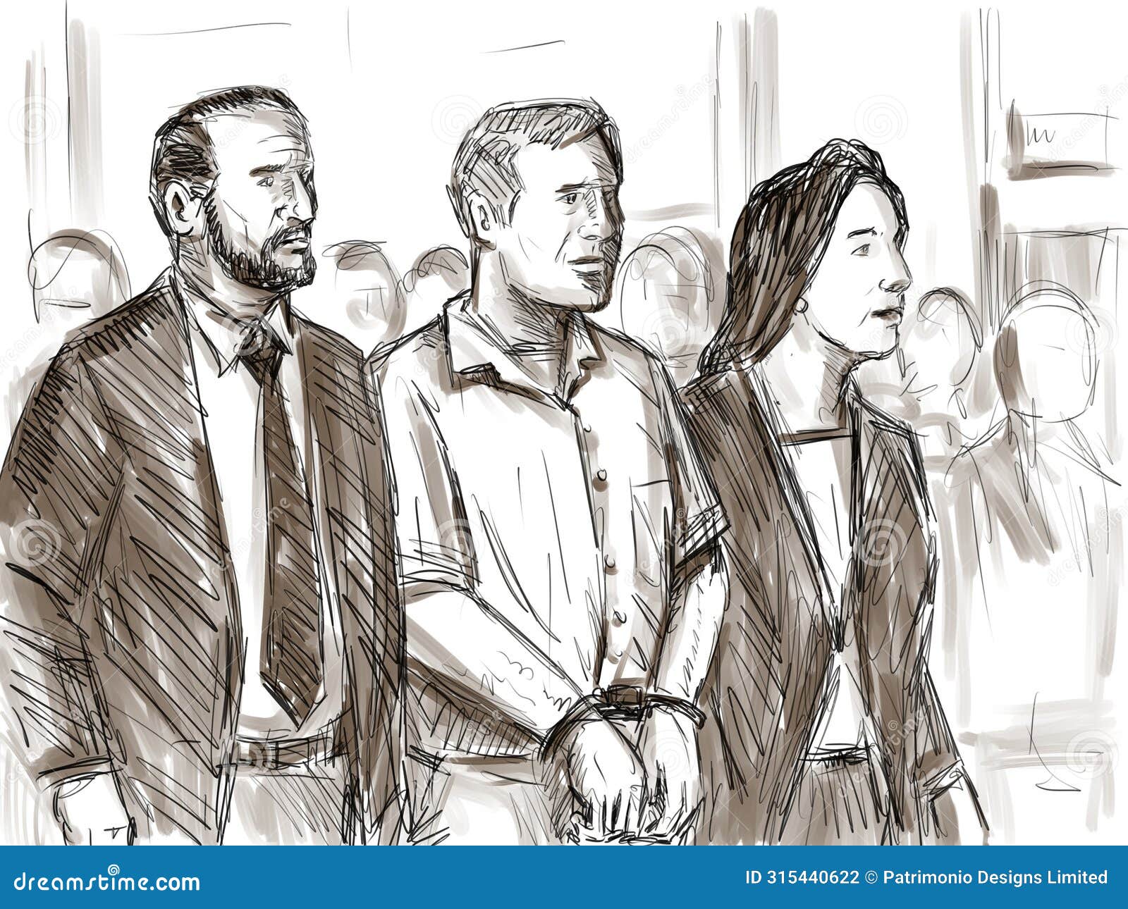 courtroom trial sketch of convicted defendant convict with lawyer during sentencing hearing drawing