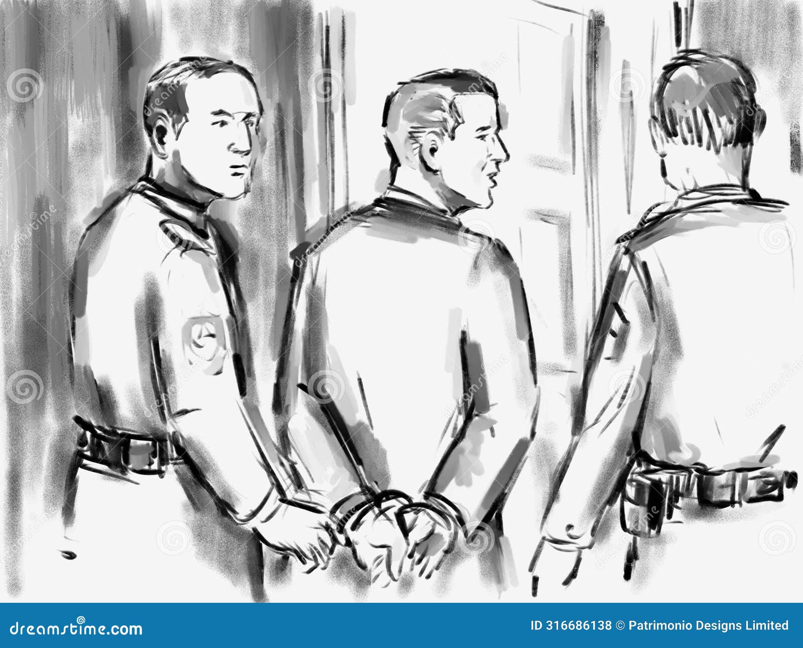 courtroom trial sketch of convicted defendant convict led out by bailiff police officer drawing