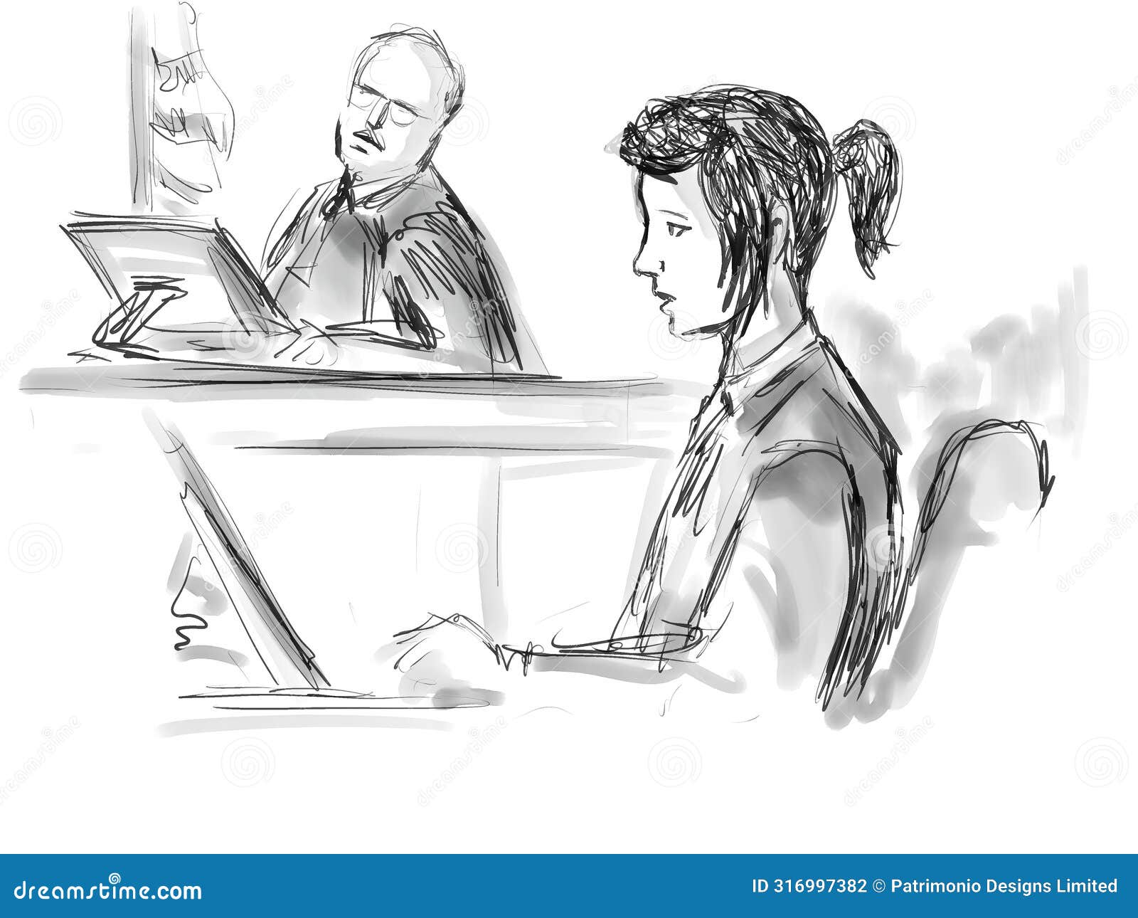 courtroom trial sketch showing judge and young female defendant plaintiff witness on stand in court of law