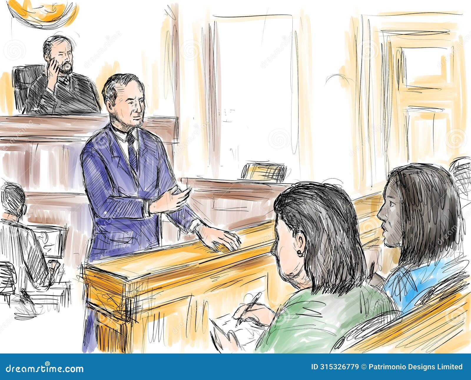 courtroom trial sketch showing lawyer of defendant or plaintiff addressing jury inside court of law