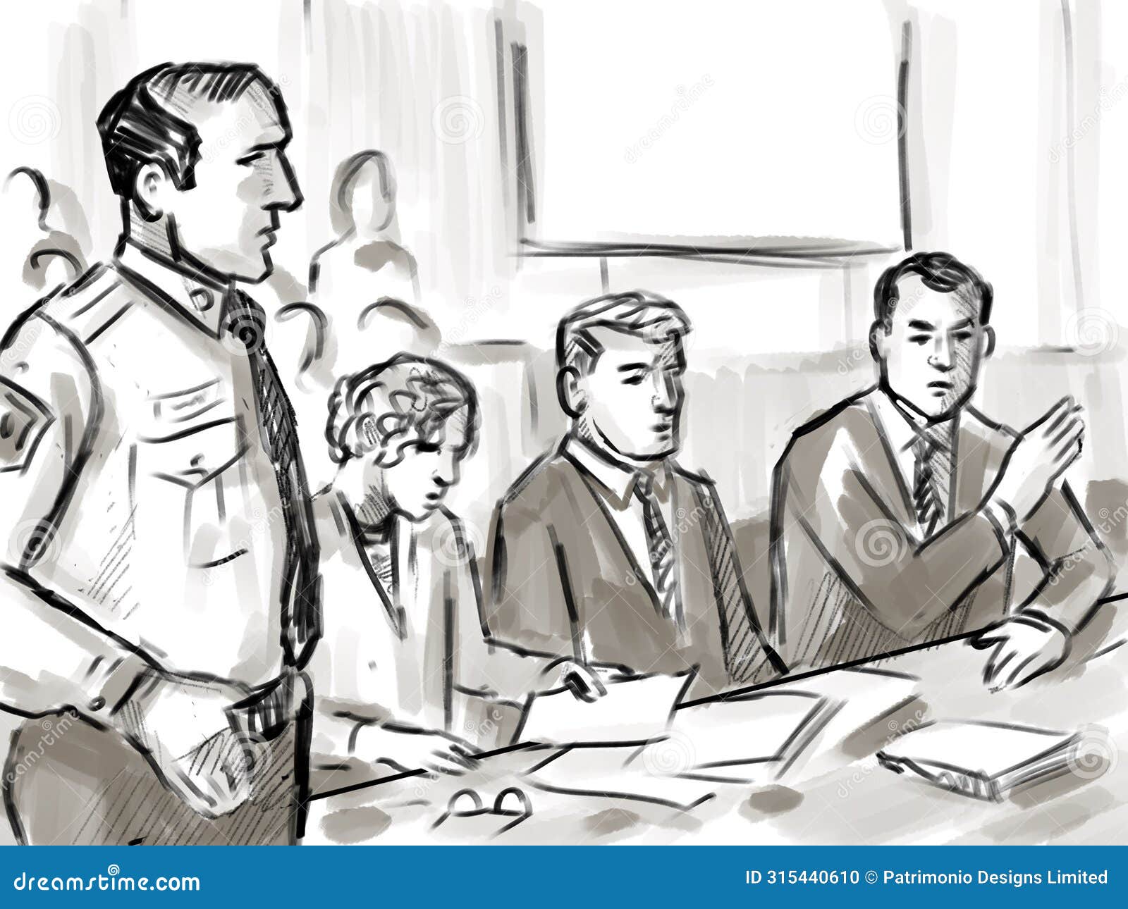 courtroom trial sketch showing lawyer and defendant or plaintiff with bailiff inside court of law drawing