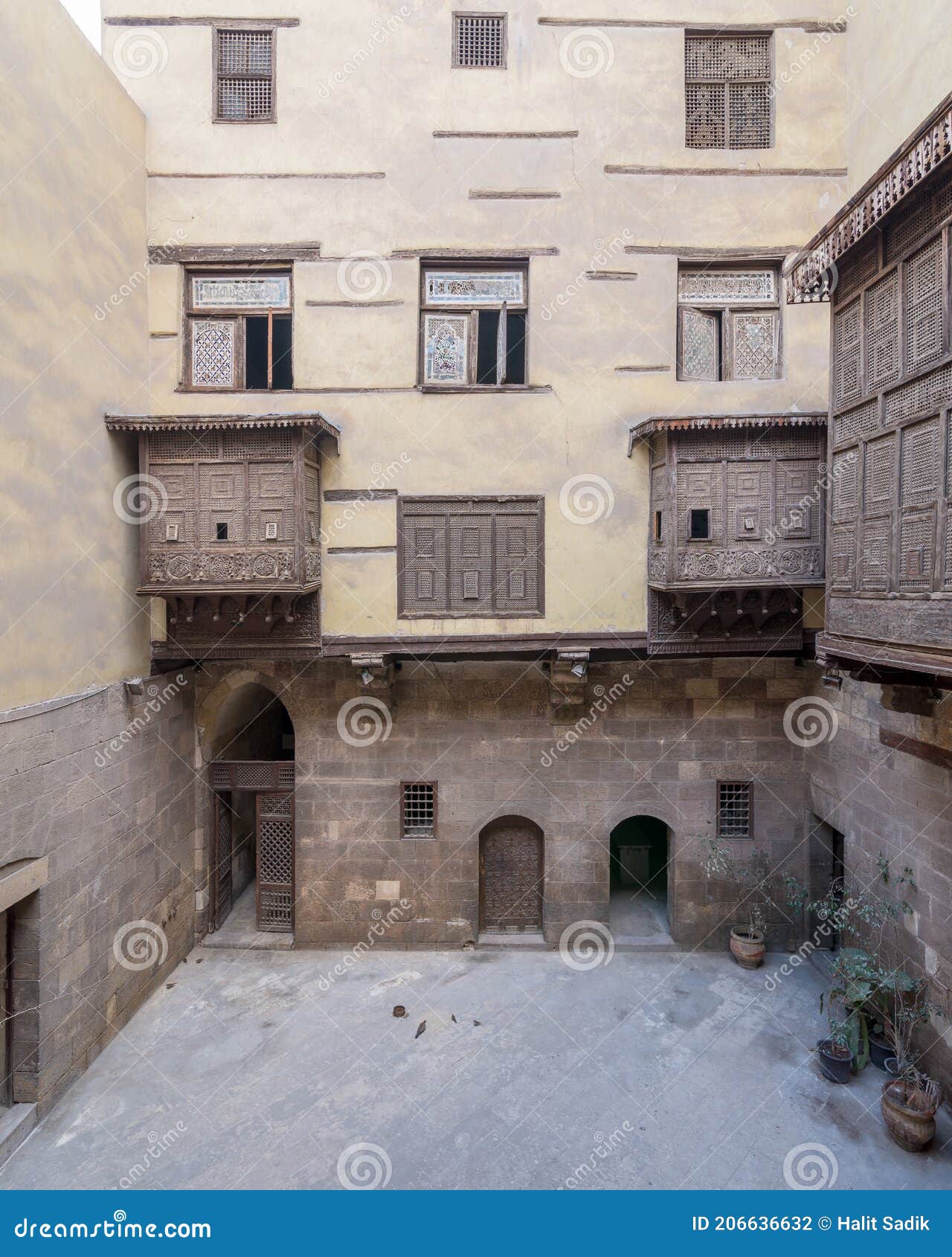 courtyard of ottoman historic house of zeinab khatoun with wooden oriel windows