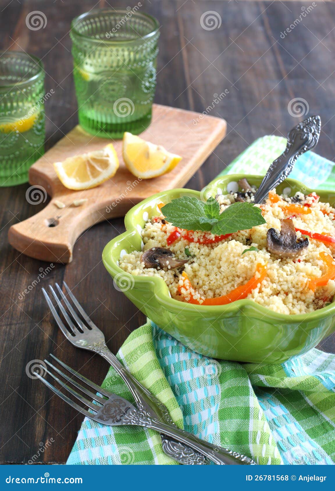 Couscous with Mushrooms, Sweet Peppers and Mint Stock Photo Image of