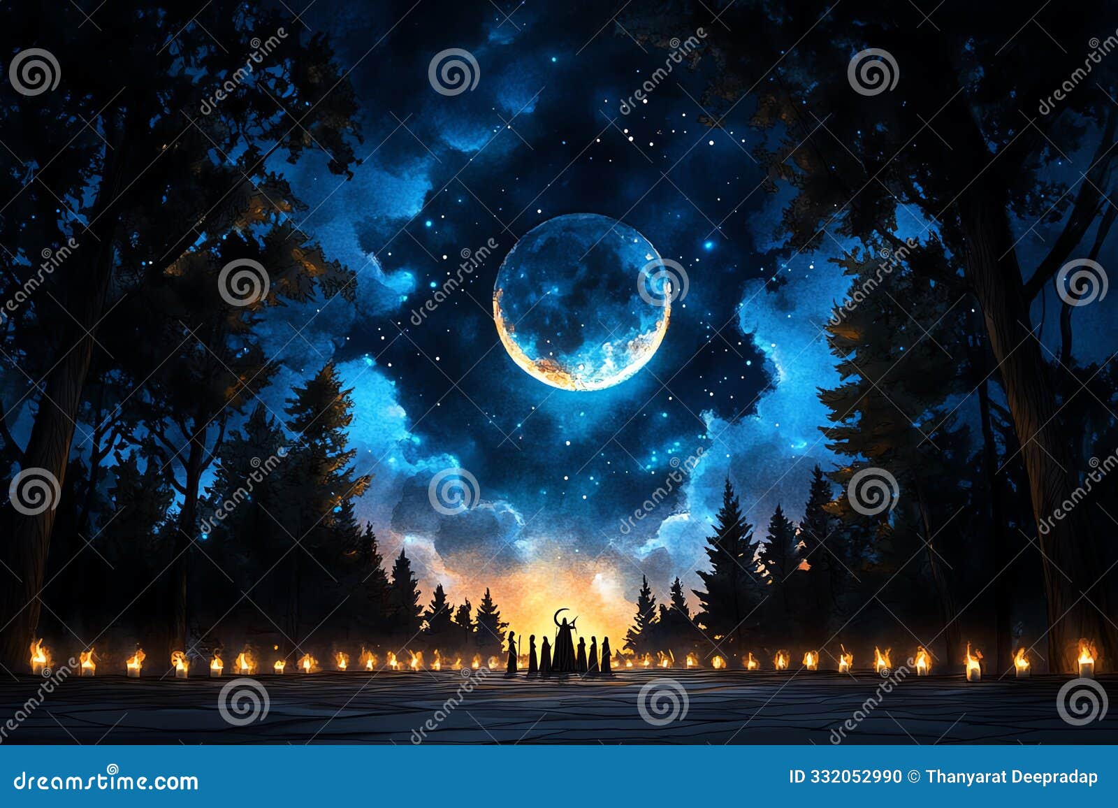 a coven performing a ritual under a full moon