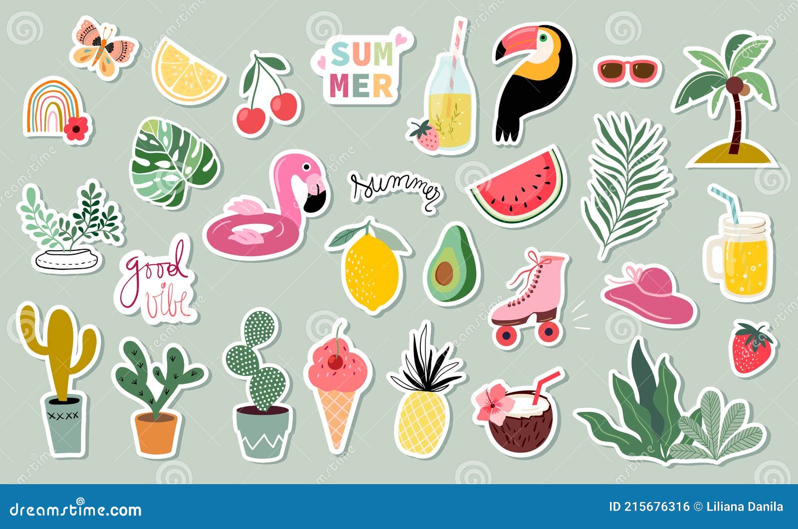 summer stickers collection with different seasonal s
