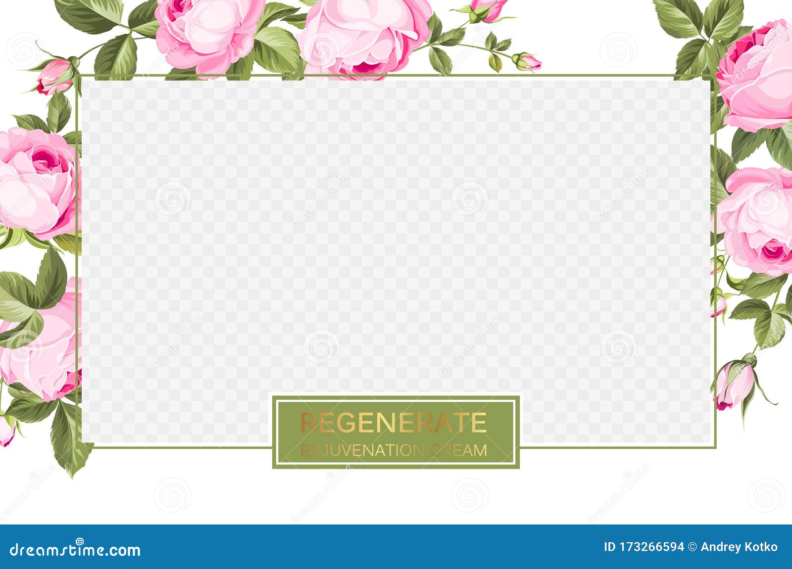 cover , transparent product package window, and blossom rose flower border. regenerate cream label  with