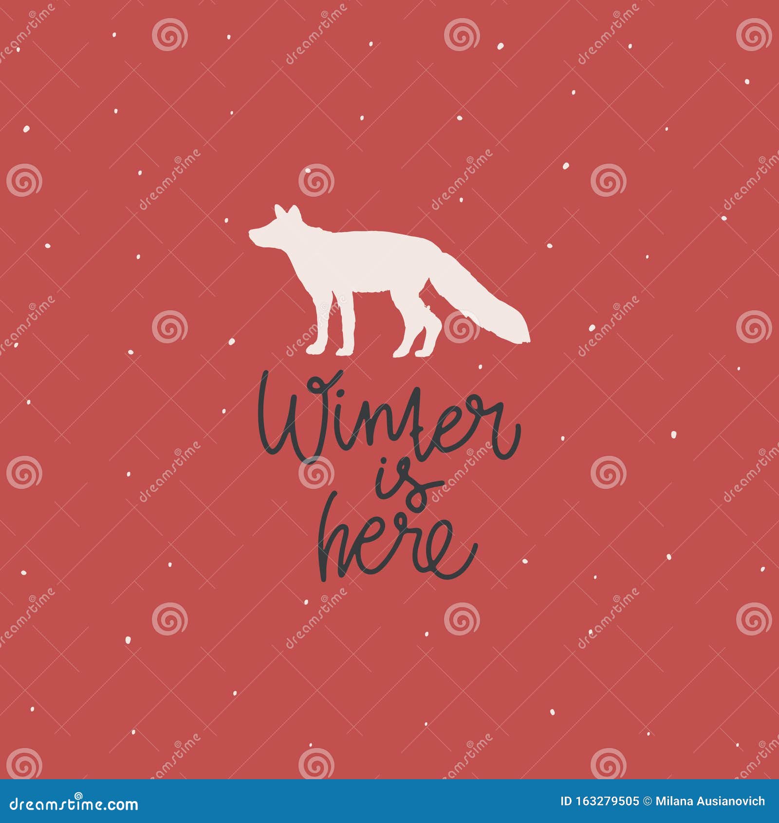 Download Cover Or Postcard Design. Green Drawn Text: Winter Is Here, White Fox Silhouette Stock Vector ...