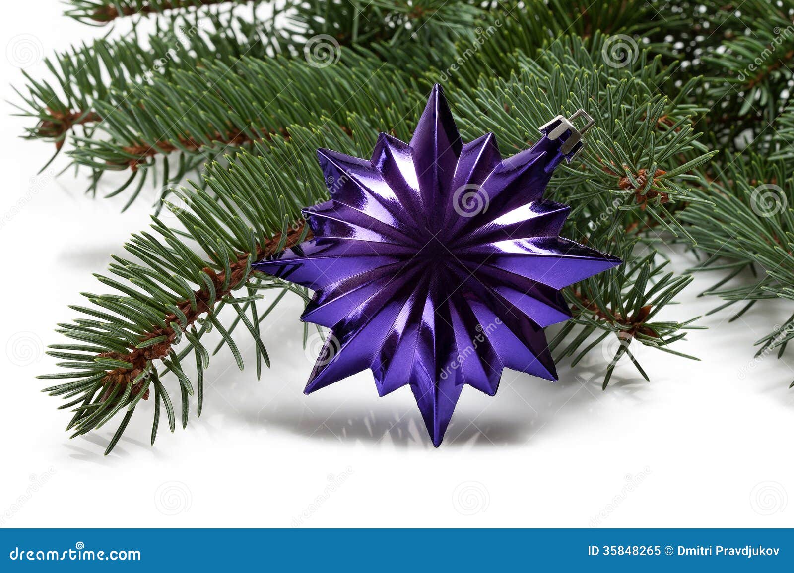 Covered with Branch of a Christmas Tree and Deep Purple Star Stock